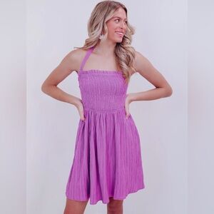 Purple Smocked Halter Sundress